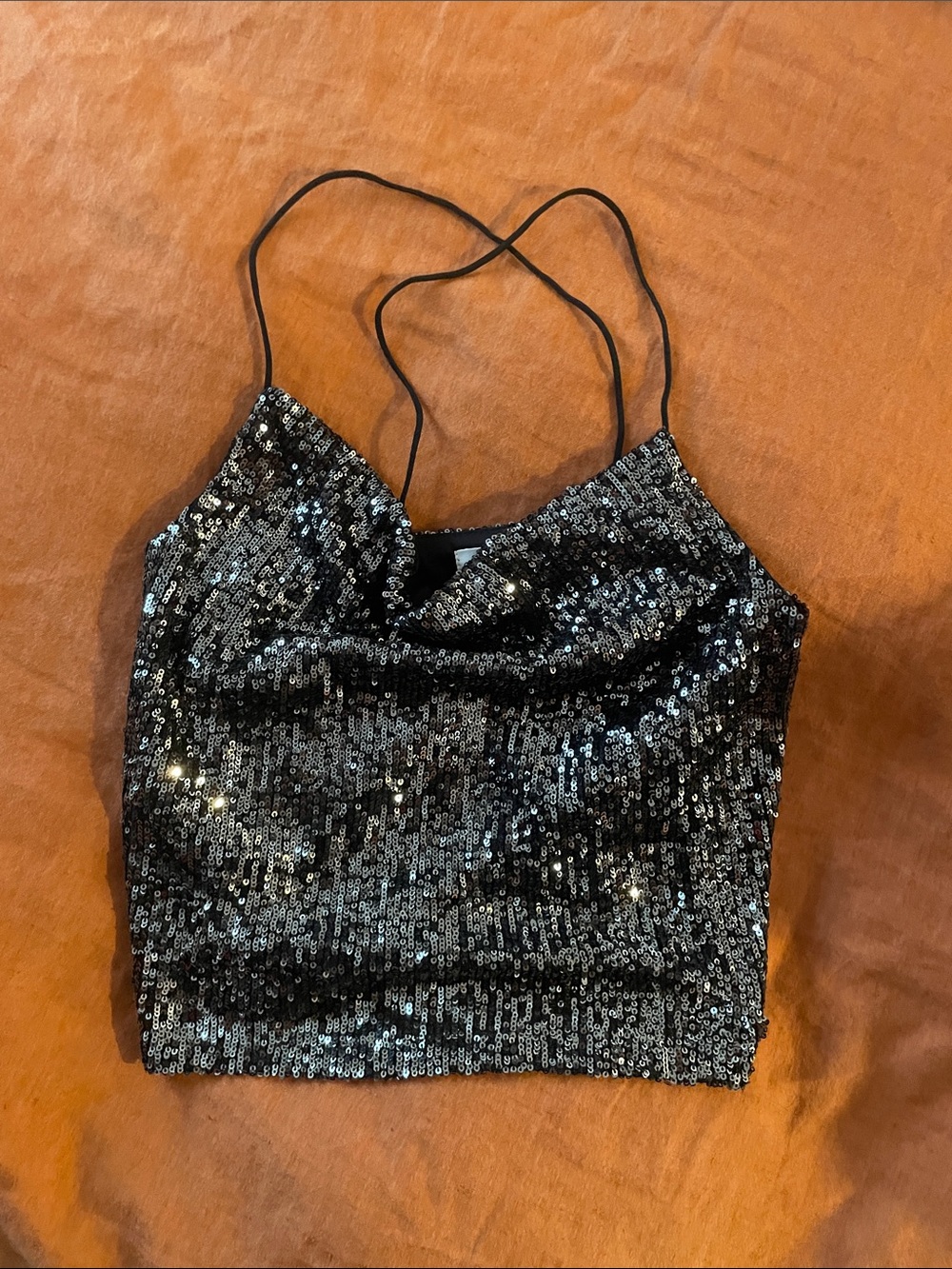 Steve Madden Black Sequin Cowl Neck Spaghetti Strap Crop Top
